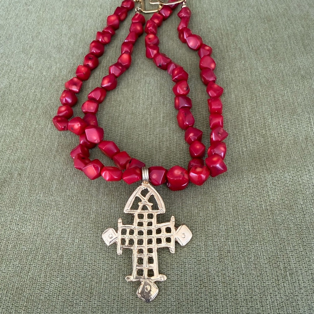 Frances Valentine Red Beaded Necklace with Silver Cross Pendant